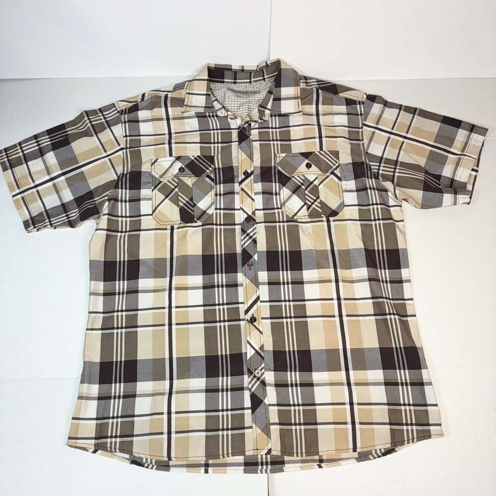 Beyond The Limit Men's 2XL Short Sleeve Plaid Button Up Shirt Brown Tan